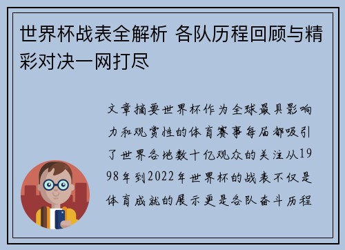 世界杯战表全解析 各队历程回顾与精彩对决一网打尽