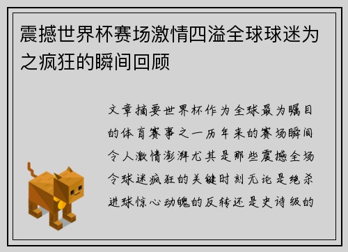 震撼世界杯赛场激情四溢全球球迷为之疯狂的瞬间回顾
